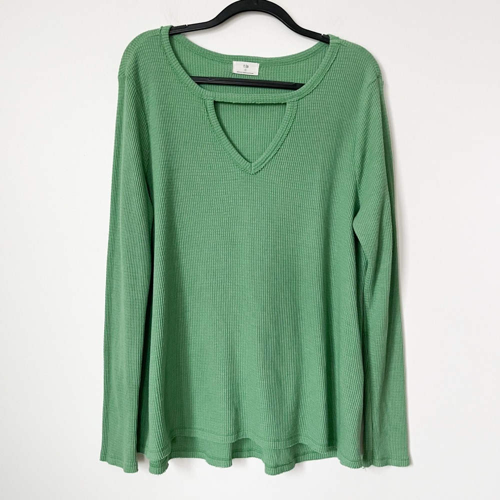 Anthropologie t.la‎ Nadia Cut Out Waffle Knit Long Sleeve Top Womens Large Green